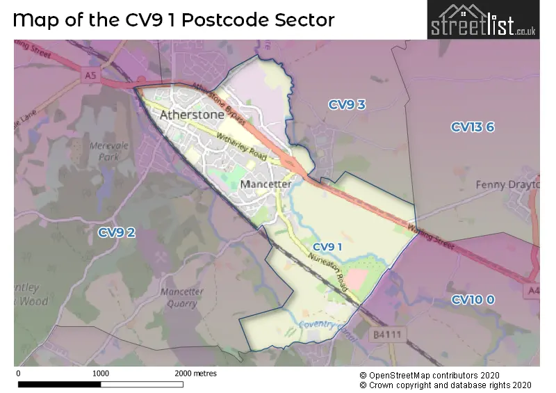 Map of the CV9 1 and surrounding postcode sector