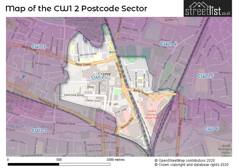 Map of the CW1 2 and surrounding postcode sector