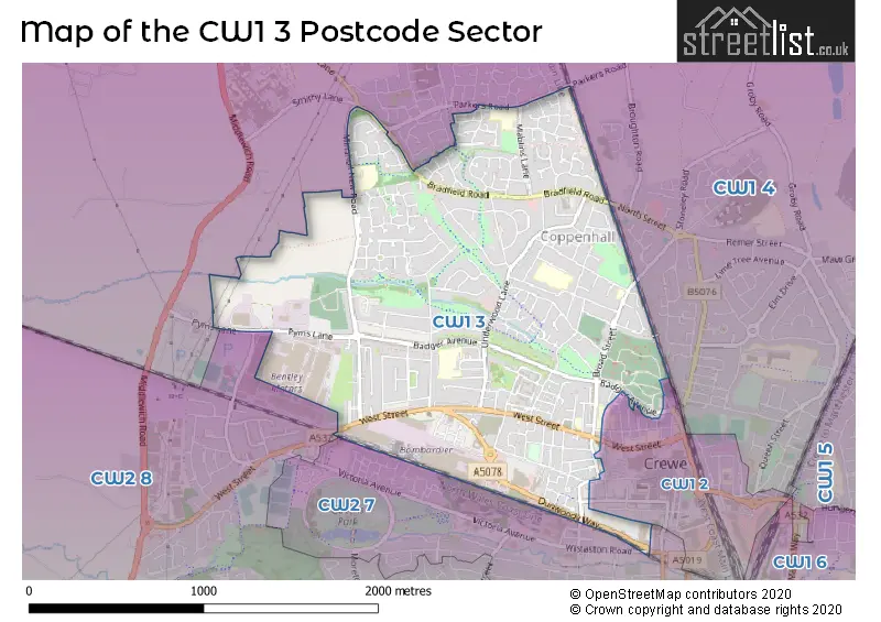 Map of the CW1 3 and surrounding postcode sector