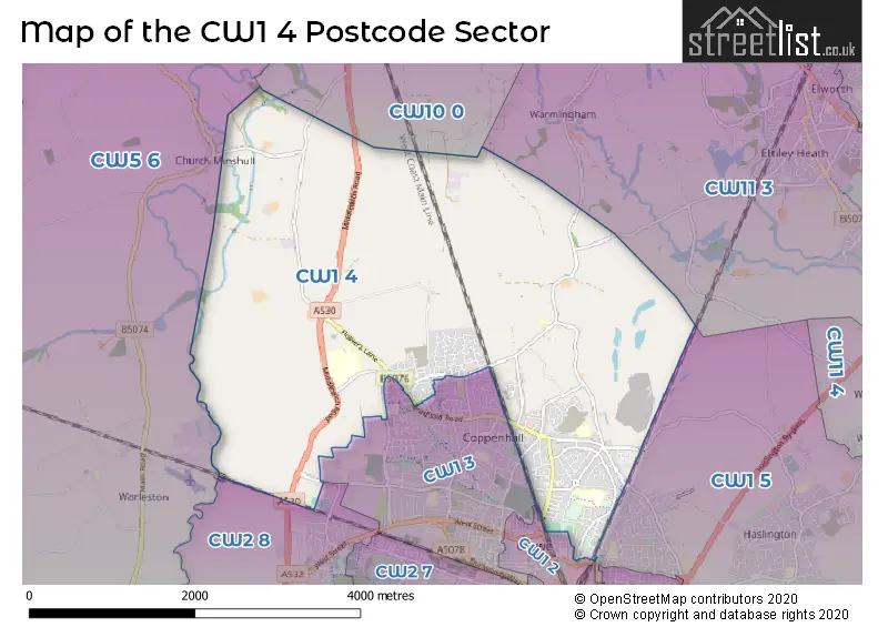 Map of the CW1 4 and surrounding postcode sector