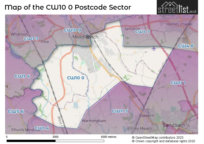 Map of the CW10 0 and surrounding postcode sector
