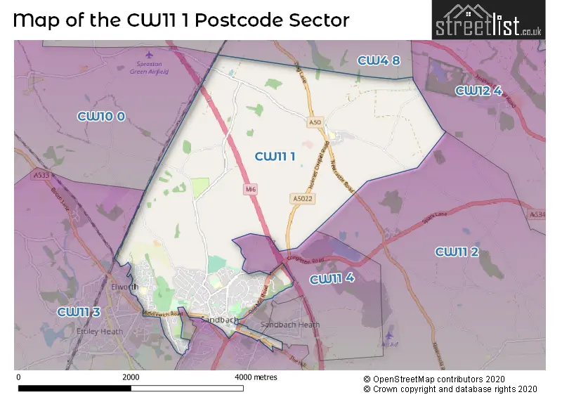 Map of the CW11 1 and surrounding postcode sector