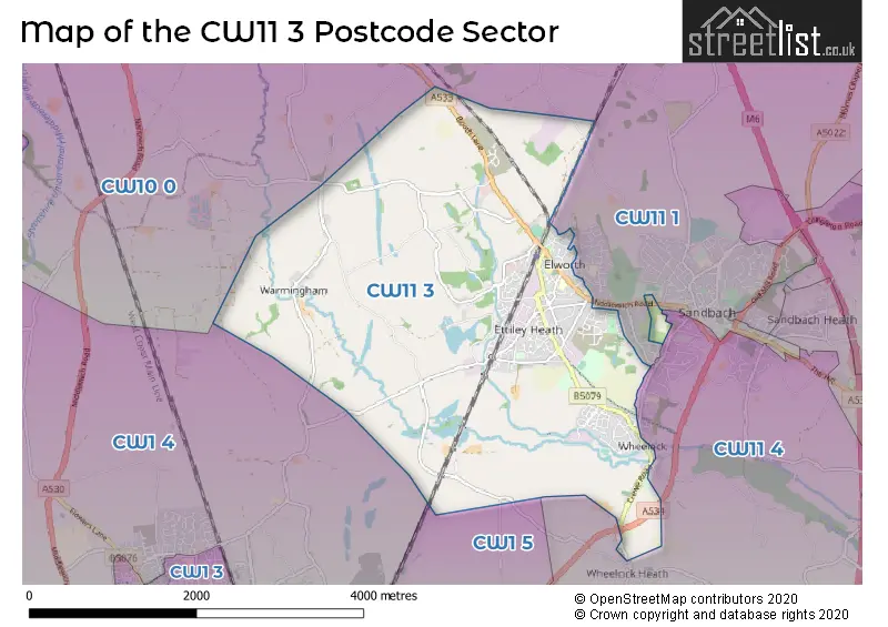 Map of the CW11 3 and surrounding postcode sector