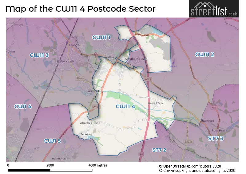 Map of the CW11 4 and surrounding postcode sector