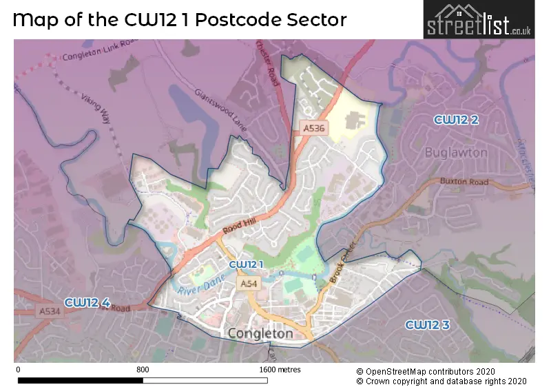 Map of the CW12 1 and surrounding postcode sector