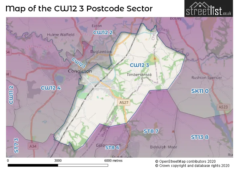 Map of the CW12 3 and surrounding postcode sector