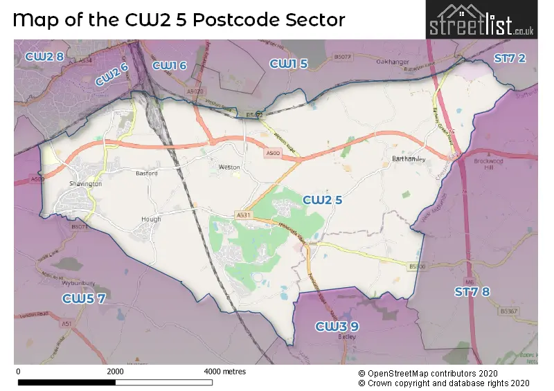 Map of the CW2 5 and surrounding postcode sector