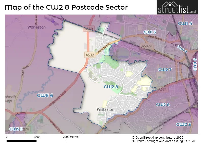 Map of the CW2 8 and surrounding postcode sector