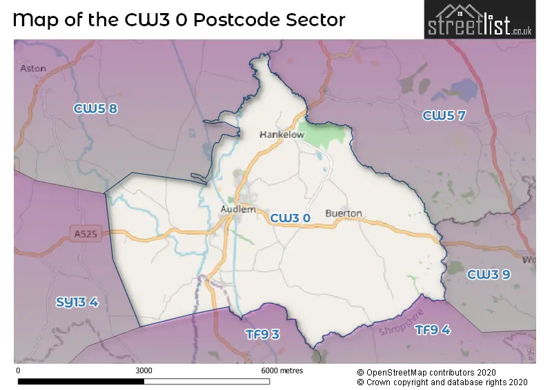 Map of the CW3 0 and surrounding postcode sector