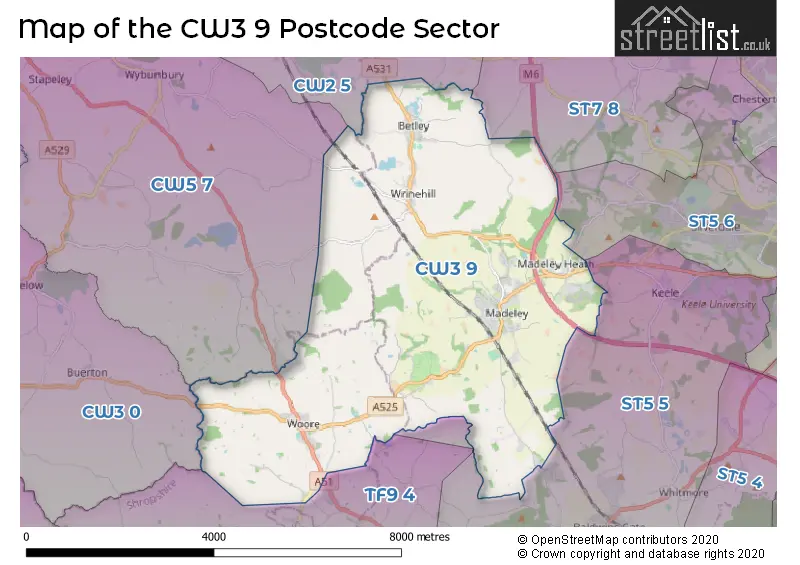 Map of the CW3 9 and surrounding postcode sector