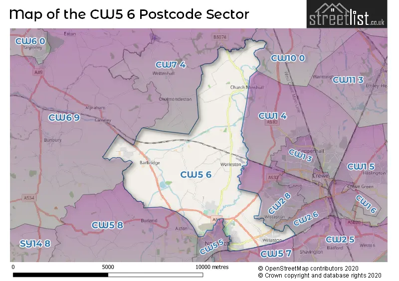 Map of the CW5 6 and surrounding postcode sector