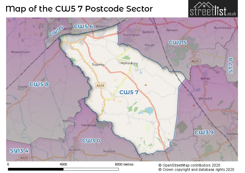 Map of the CW5 7 and surrounding postcode sector