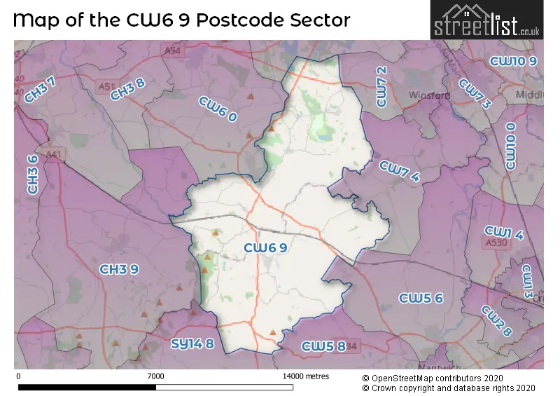 Map of the CW6 9 and surrounding postcode sector
