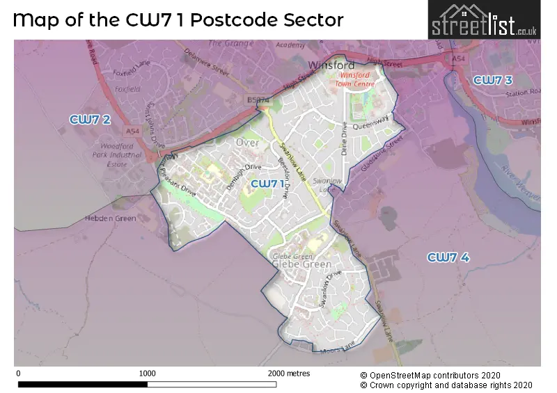 Map of the CW7 1 and surrounding postcode sector