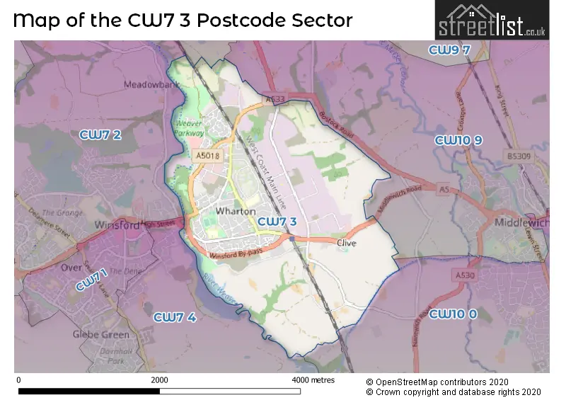 Map of the CW7 3 and surrounding postcode sector