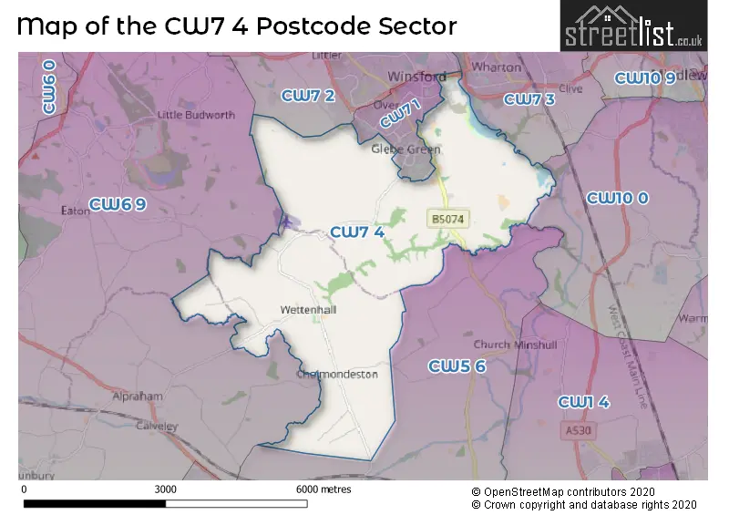 Map of the CW7 4 and surrounding postcode sector