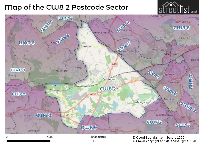 Map of the CW8 2 and surrounding postcode sector