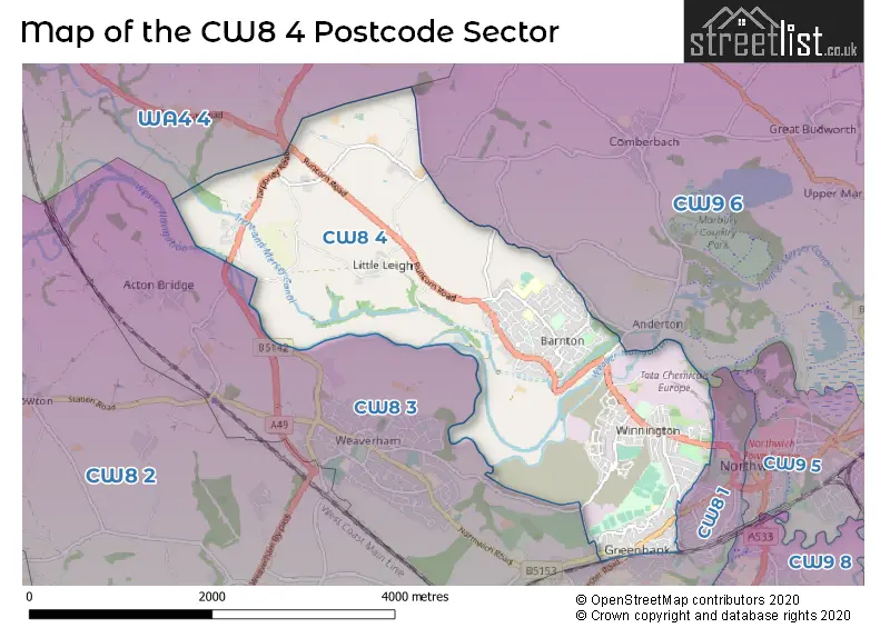 Map of the CW8 4 and surrounding postcode sector