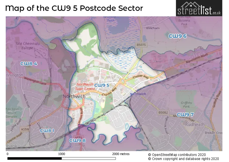 Map of the CW9 5 and surrounding postcode sector