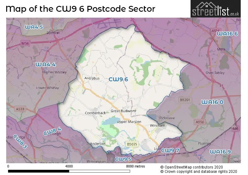 Map of the CW9 6 and surrounding postcode sector
