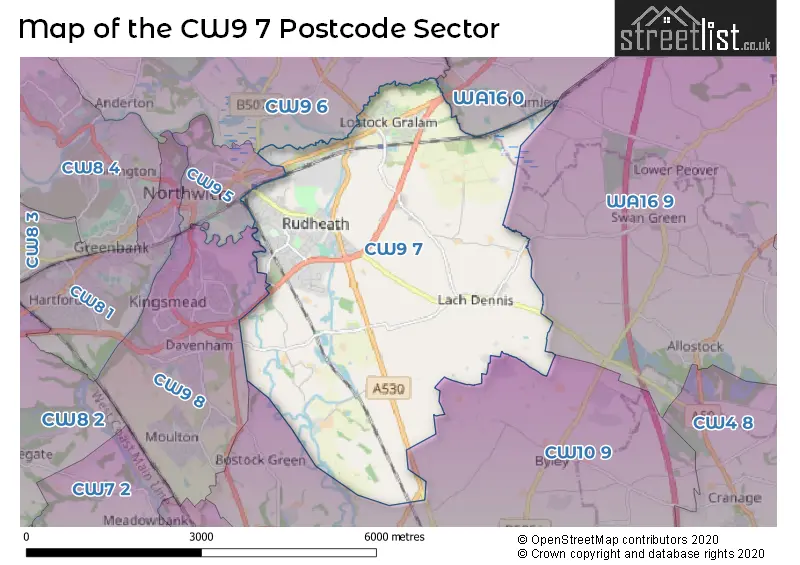 Map of the CW9 7 and surrounding postcode sector