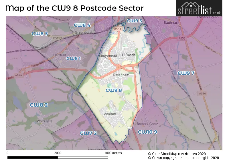 Map of the CW9 8 and surrounding postcode sector