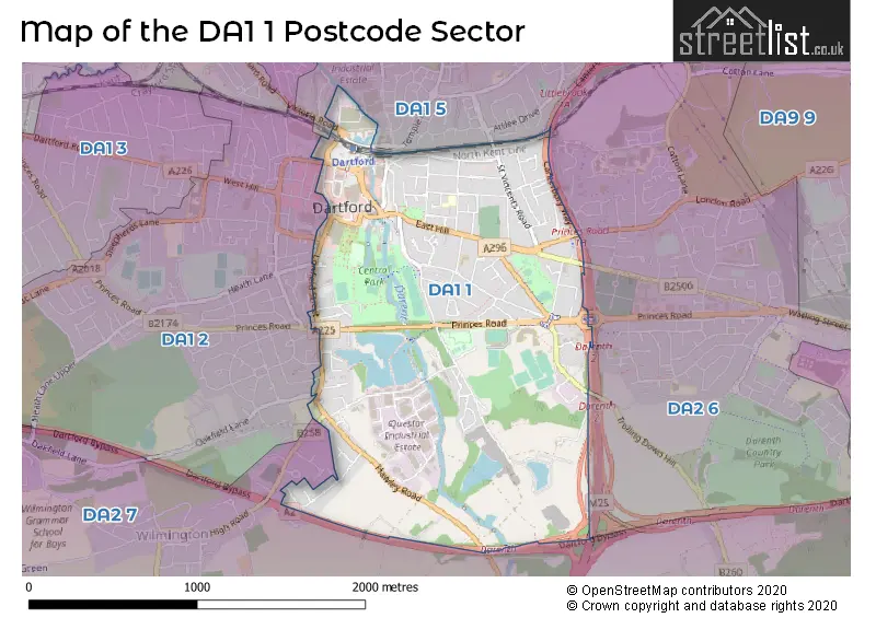 Map of the DA1 1 and surrounding postcode sector