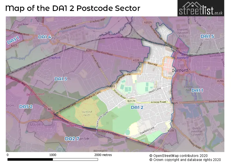 Map of the DA1 2 and surrounding postcode sector