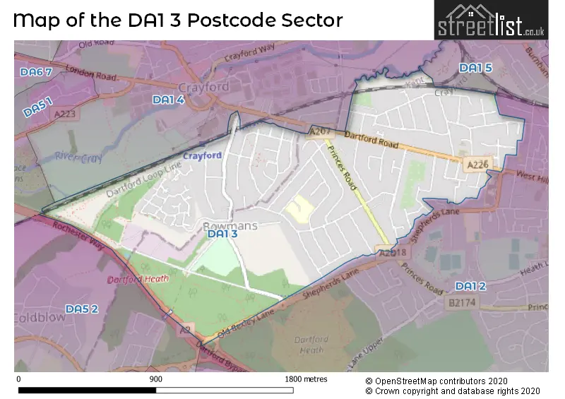 Map of the DA1 3 and surrounding postcode sector