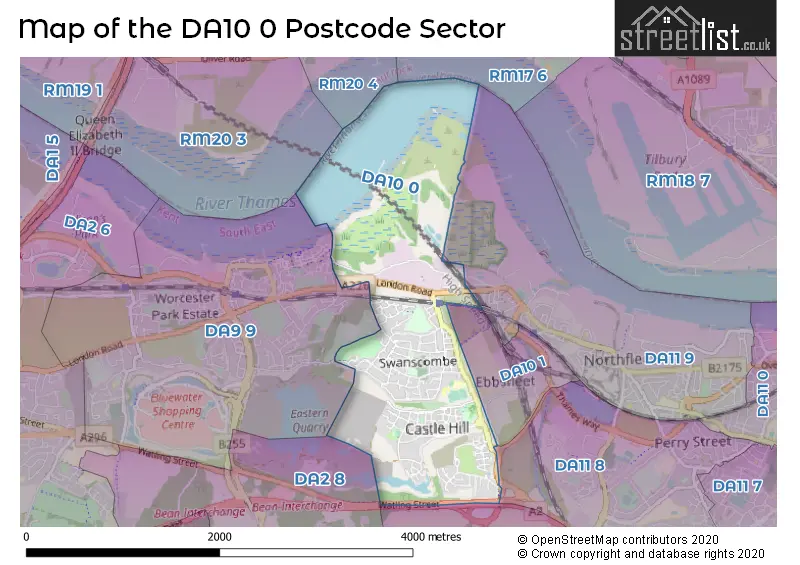 Map of the DA10 0 and surrounding postcode sector