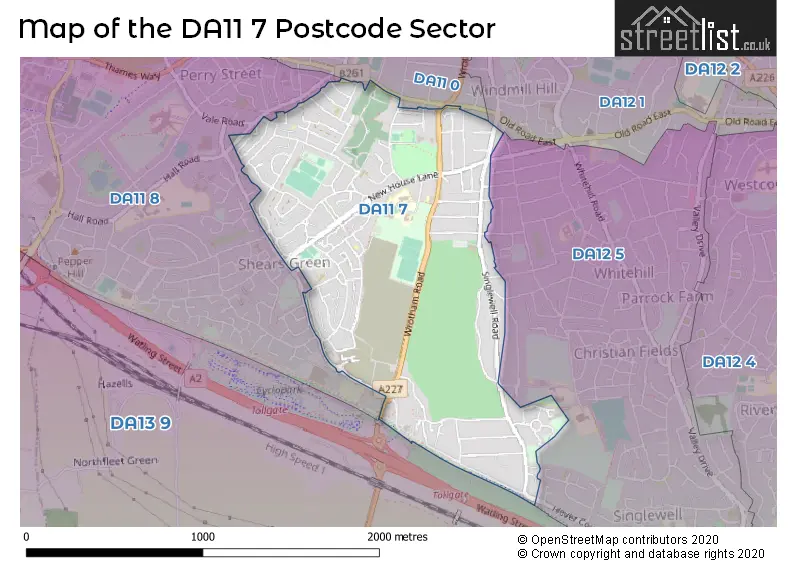 Map of the DA11 7 and surrounding postcode sector