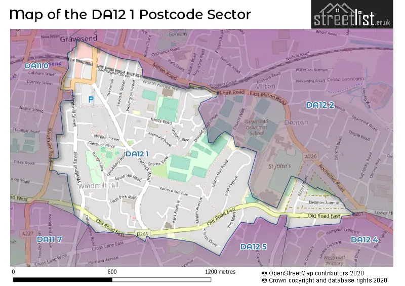 Map of the DA12 1 and surrounding postcode sector
