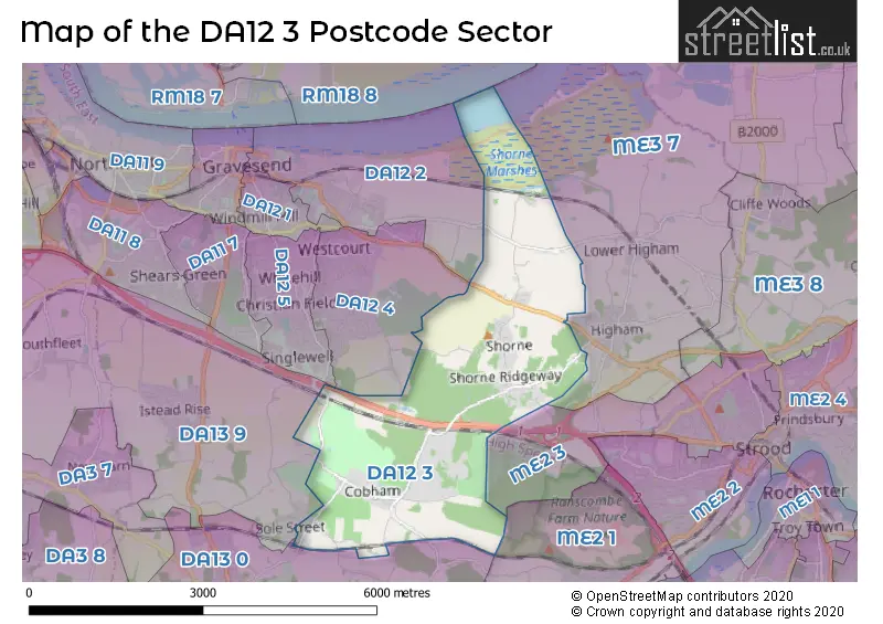 Map of the DA12 3 and surrounding postcode sector