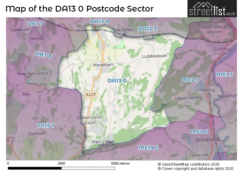 Map of the DA13 0 and surrounding postcode sector