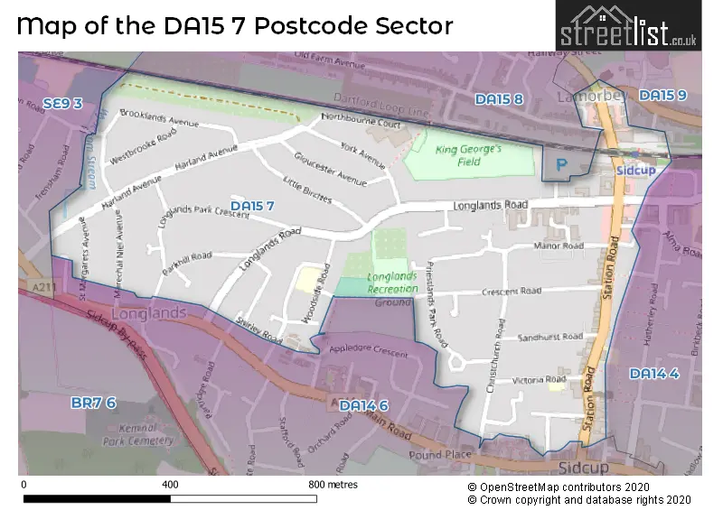 Map of the DA15 7 and surrounding postcode sector