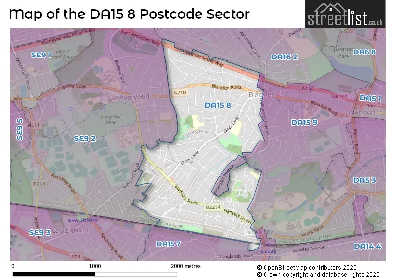 Map of the DA15 8 and surrounding postcode sector