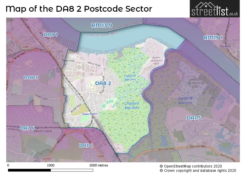 Map of the DA8 2 and surrounding postcode sector