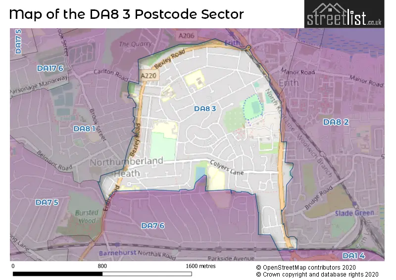 Map of the DA8 3 and surrounding postcode sector