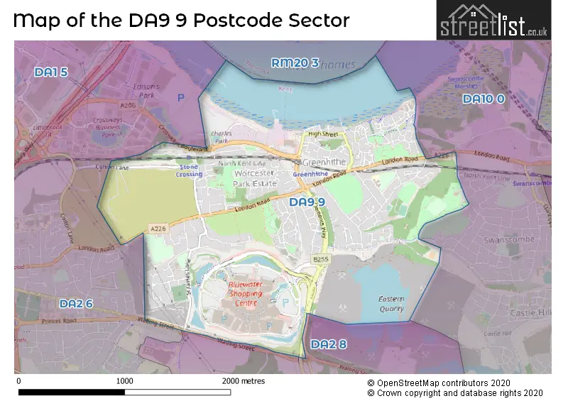 Map of the DA9 9 and surrounding postcode sector