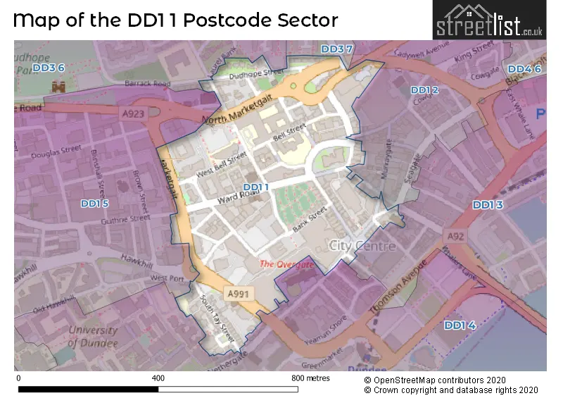 Map of the DD1 1 and surrounding postcode sector