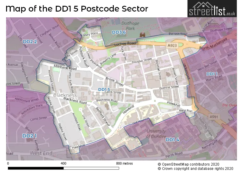 Map of the DD1 5 and surrounding postcode sector