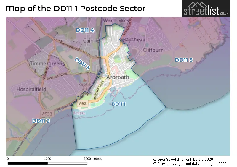 Map of the DD11 1 and surrounding postcode sector