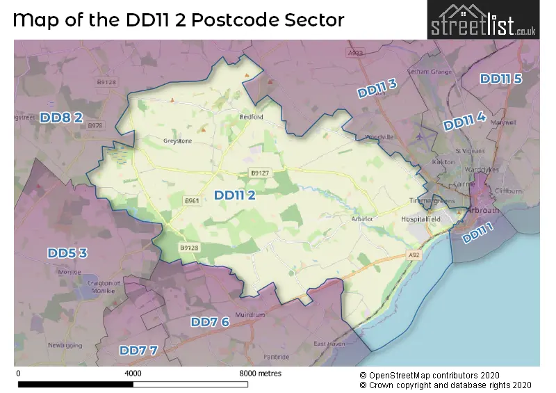 Map of the DD11 2 and surrounding postcode sector