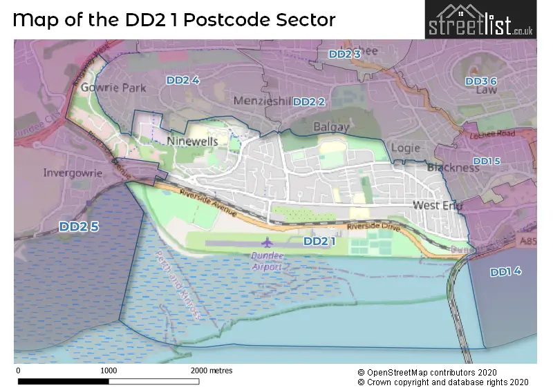 Map of the DD2 1 and surrounding postcode sector