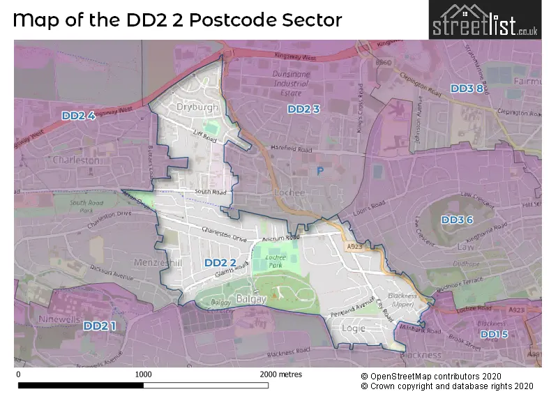 Map of the DD2 2 and surrounding postcode sector