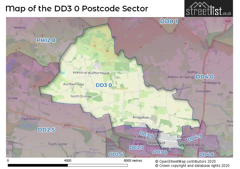 Map of the DD3 0 and surrounding postcode sector