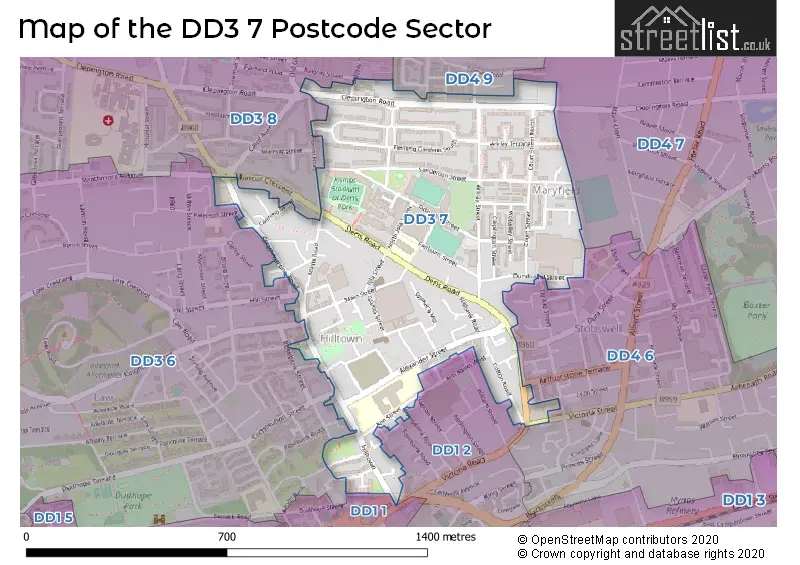 Map of the DD3 7 and surrounding postcode sector
