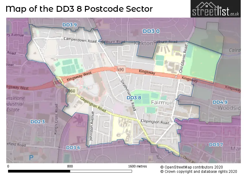 Map of the DD3 8 and surrounding postcode sector