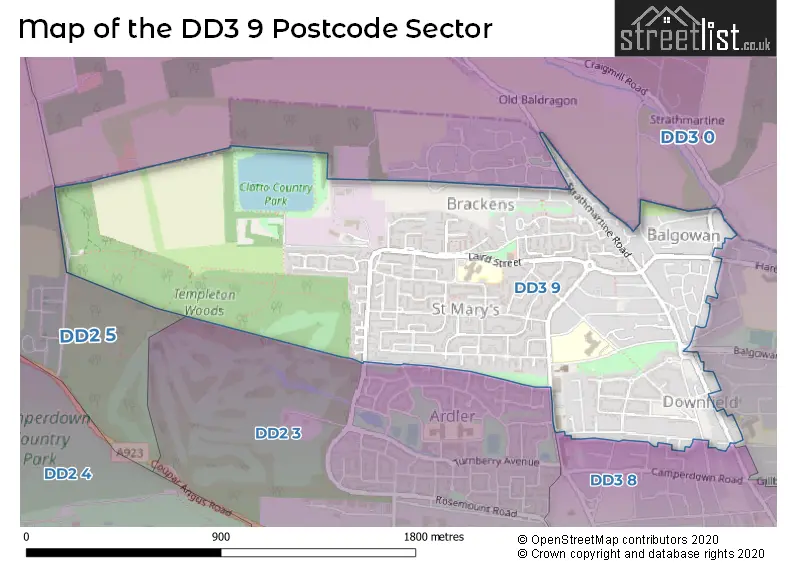 Map of the DD3 9 and surrounding postcode sector