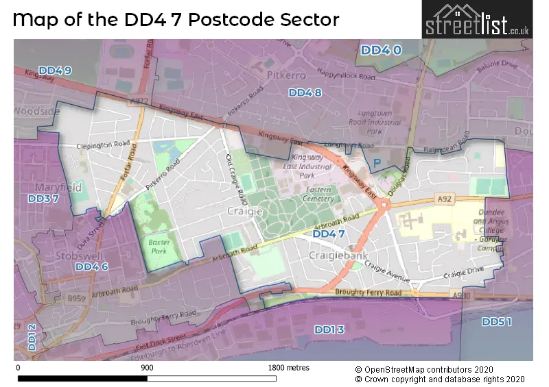 Map of the DD4 7 and surrounding postcode sector